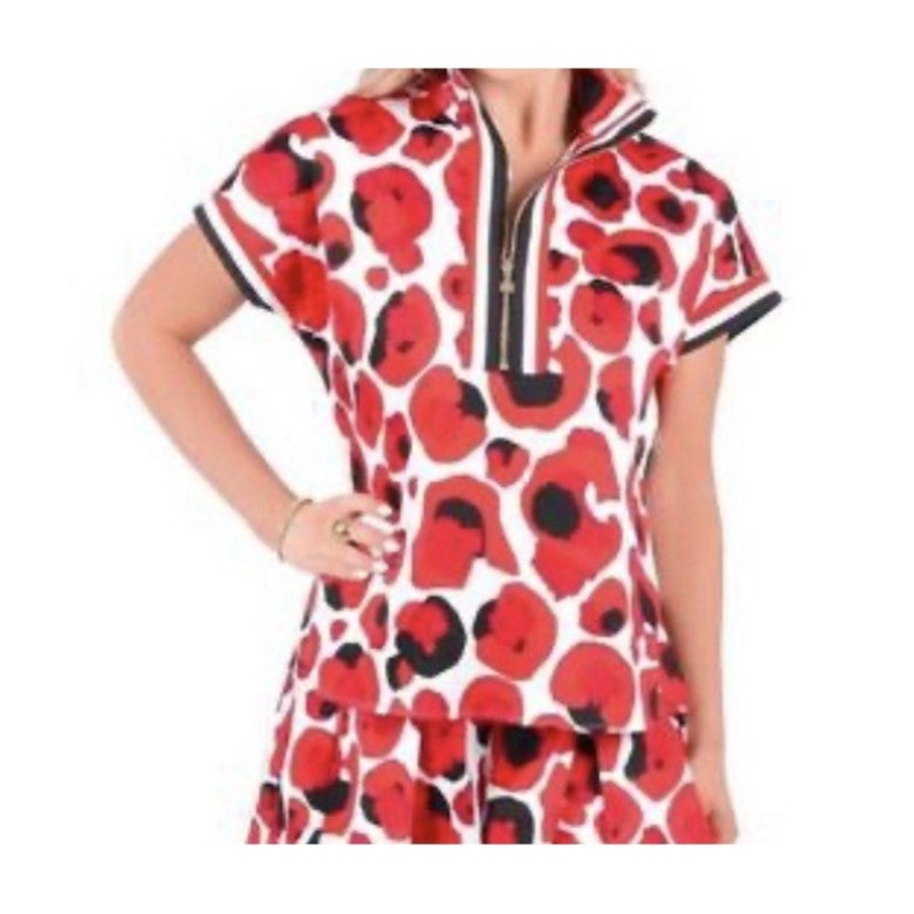 Poppy Pullover Emily‎ McCarthy Polo Stand-up Collar 3/4 Zip Red Animal Print XXS